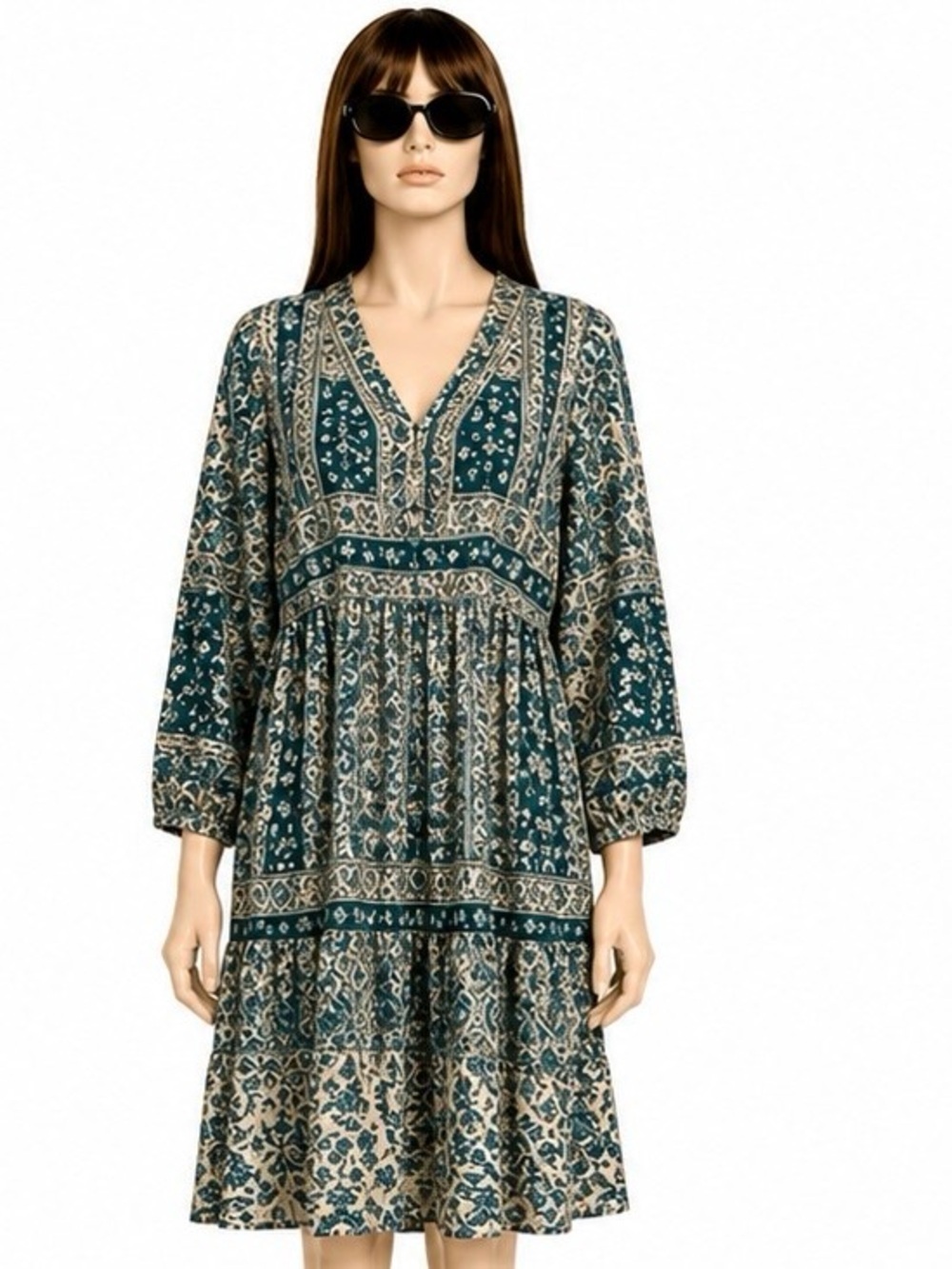 Anthropologie Maeve Canna Printed Boho Green Teal Sheer Dress Size 4